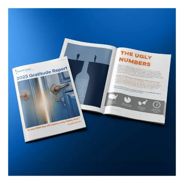 2023 Gratitude Report highlighting non-profits for addiction recovery in Charlotte, featuring statistics and key insights into substance abuse treatment and mental health services.
