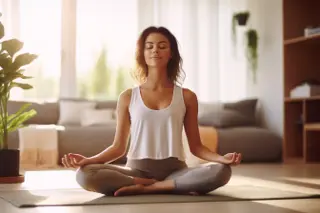 mental-health-meditation-indoor A young woman practicing meditation in a peaceful home environment — enhancing her mental health.