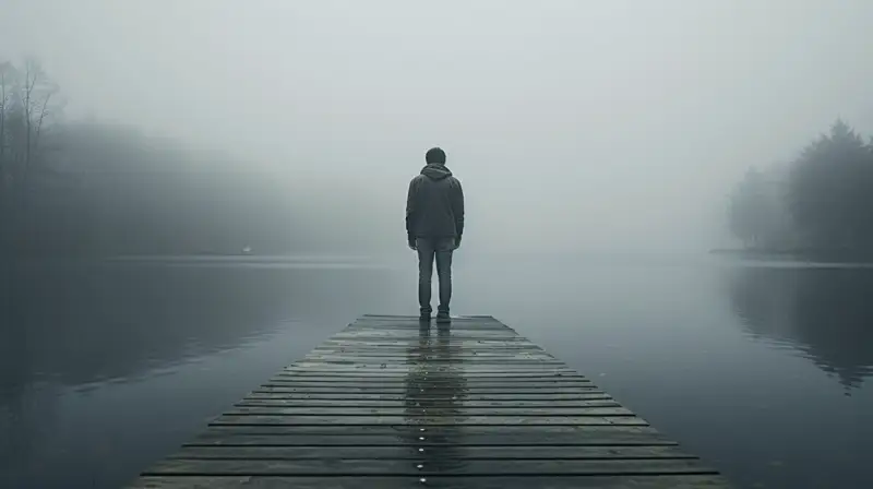 solitary-journey-recovery-aa-principles-alcohol-detox-living-sober A solitary figure stands at the end of a foggy dock, symbolizing the introspective journey of recovery, detox, and living sober.