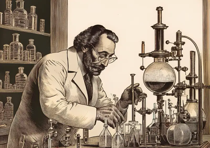 chemist-laboratory-benzo-addiction-withdrawal-benzodiazepine-synthesis A detailed vintage illustration of a chemist working in a laboratory with various glassware and instruments, symbolizing the scientific development and understanding of benzodiazepines and their effects.