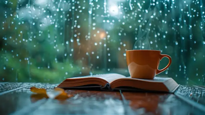 family-addiction-support-outpatient-drug-rehab-near-me-young-adult-treatment A steaming cup of coffee next to an open book by a rain-soaked window, symbolizing the comfort and reflection provided by family addiction support during outpatient drug rehabilitation.