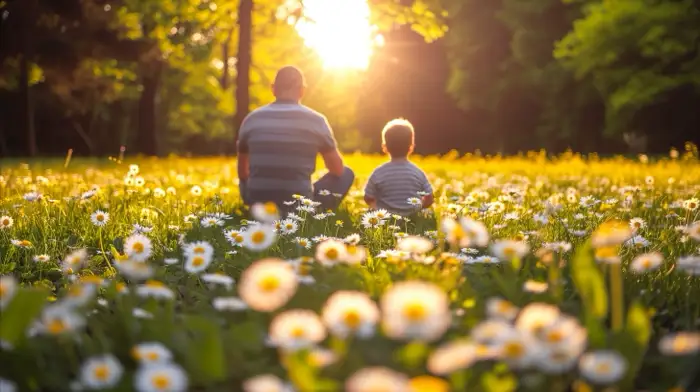 family-addiction-therapy-young-adult-drug-treatment-centers-rehabilitation-for-teens A father and child sitting in a field of flowers, basking in the sunlight, symbolizing the renewal and healing that comes from family addiction therapy during rehabilitation.