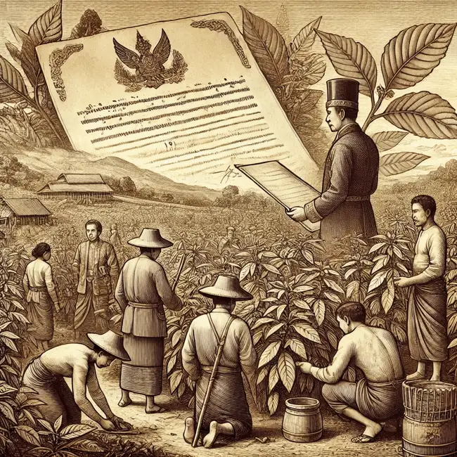 historical-kratom-cultivation-asia An illustration showing the historical cultivation of kratom in Asia, with a figure reading a large document to workers in a kratom field.