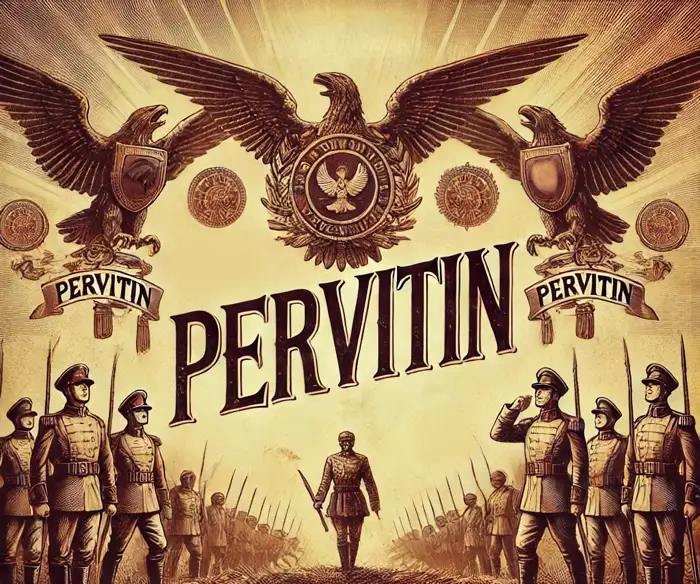 history-of-methamphetamine-pervitin-nazi-military-use-meth-addiction A vintage propaganda-style illustration featuring military imagery and the word "Pervitin," symbolizing the historical use of methamphetamine by the German military and its role in addiction.