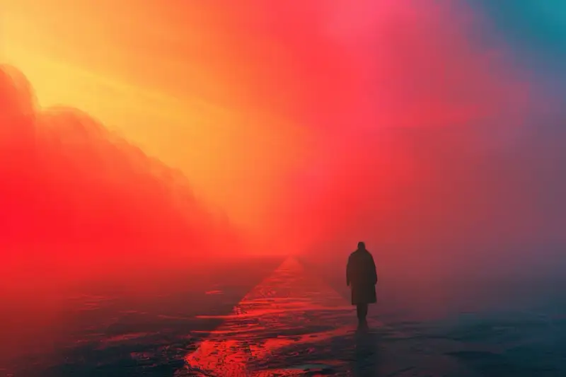 journey-to-sobriety-aa-steps-detox-recovery-living-sober A silhouette of a person walking into a vibrant, colorful fog, symbolizing the journey of recovery, embracing the AA steps, and the path to living sober.