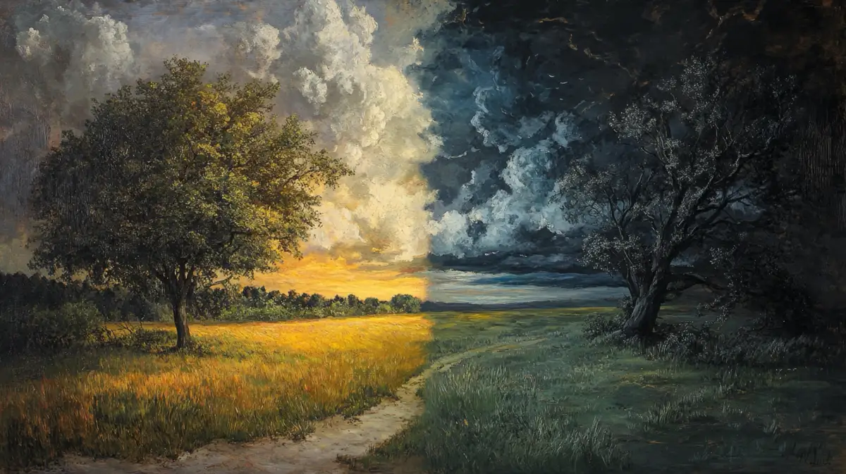 landscape-contrast-benzo-detox-recovery Painting of a dramatic contrast between a stormy sky and a sunlit field, metaphorically representing the journey through benzo detox and recovery.