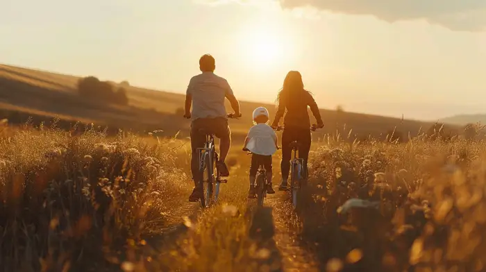 outpatient-rehab-near-me-family-addiction-counseling-young-adult-rehab A family riding bicycles together at sunset, symbolizing the journey of recovery and the importance of family involvement in young adult addiction treatment.