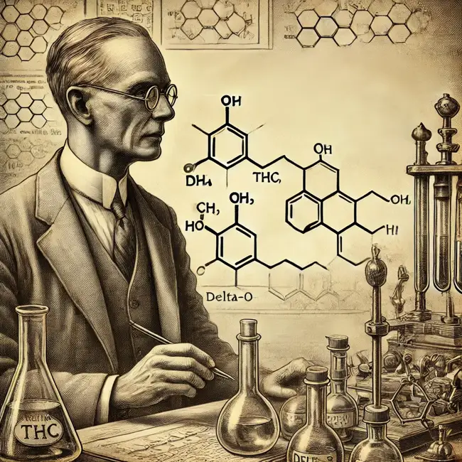 scientist-delta-8-research-safety-anxiety A vintage-style illustration of a scientist studying Delta-8 THC, with a molecular diagram, symbolizing research into Delta-8's safety, anxiety effects, and withdrawal challenges.