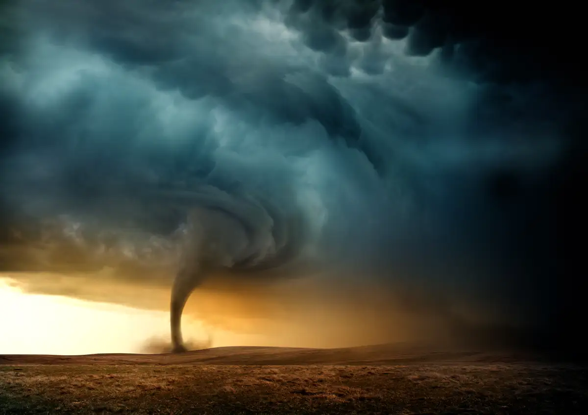 A tornado sweeping across a barren landscape at sunset, symbolizing the intense and destructive nature of benzo addiction and the process of withdrawal.