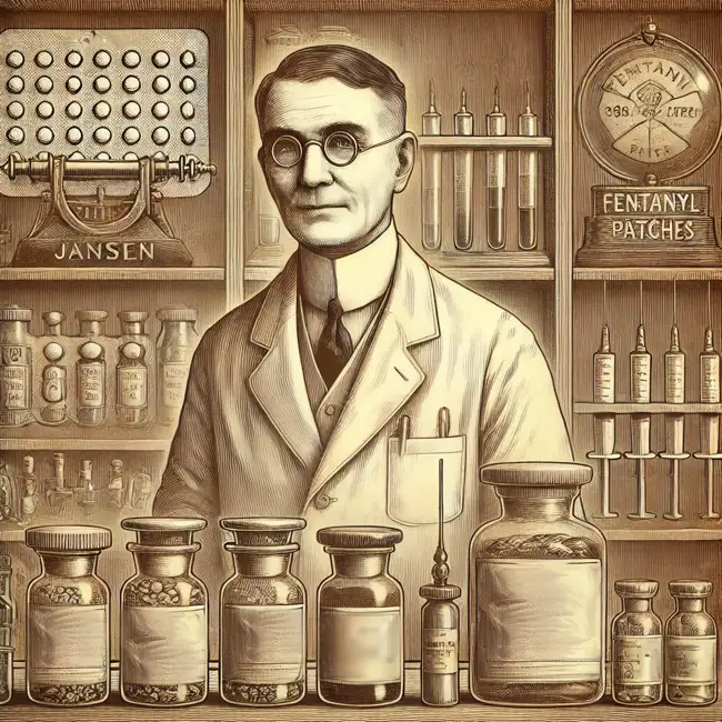 vintage-pharmacist-fentanyl-addiction-treatment A vintage illustration of a pharmacist with various vials and a fentanyl patch, symbolizing the study and treatment of fentanyl addiction and dependence.