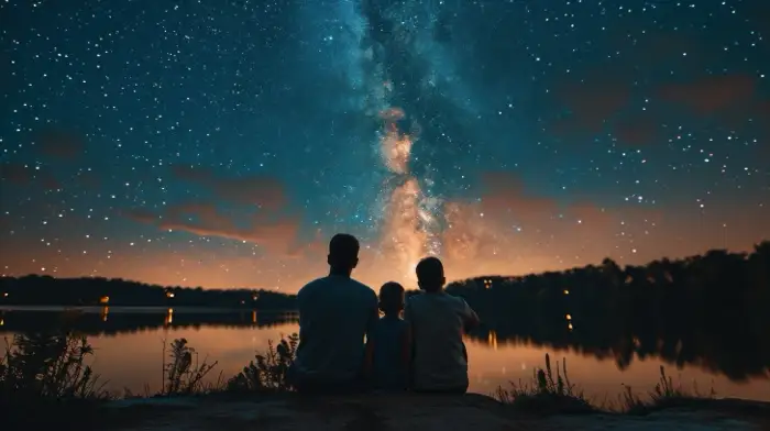 young-adult-addiction-treatment-family-therapy-drug-rehabilitation-for-teens A family sitting by a lake under a starry sky, symbolizing the journey of recovery and the crucial role of family support in young adult addiction treatment.