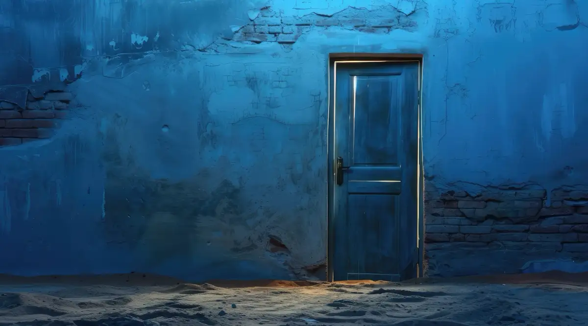 A blue door in a dimly lit room, representing the hidden signs of meth addiction and the path to recovery.