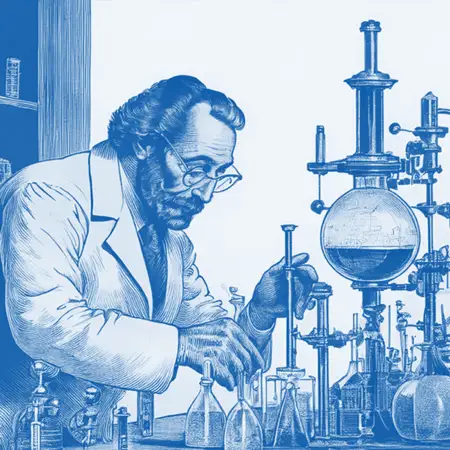 A detailed vintage illustration of a chemist working in a laboratory with various glassware and instruments, symbolizing the scientific development and understanding of benzodiazepines and their effects.