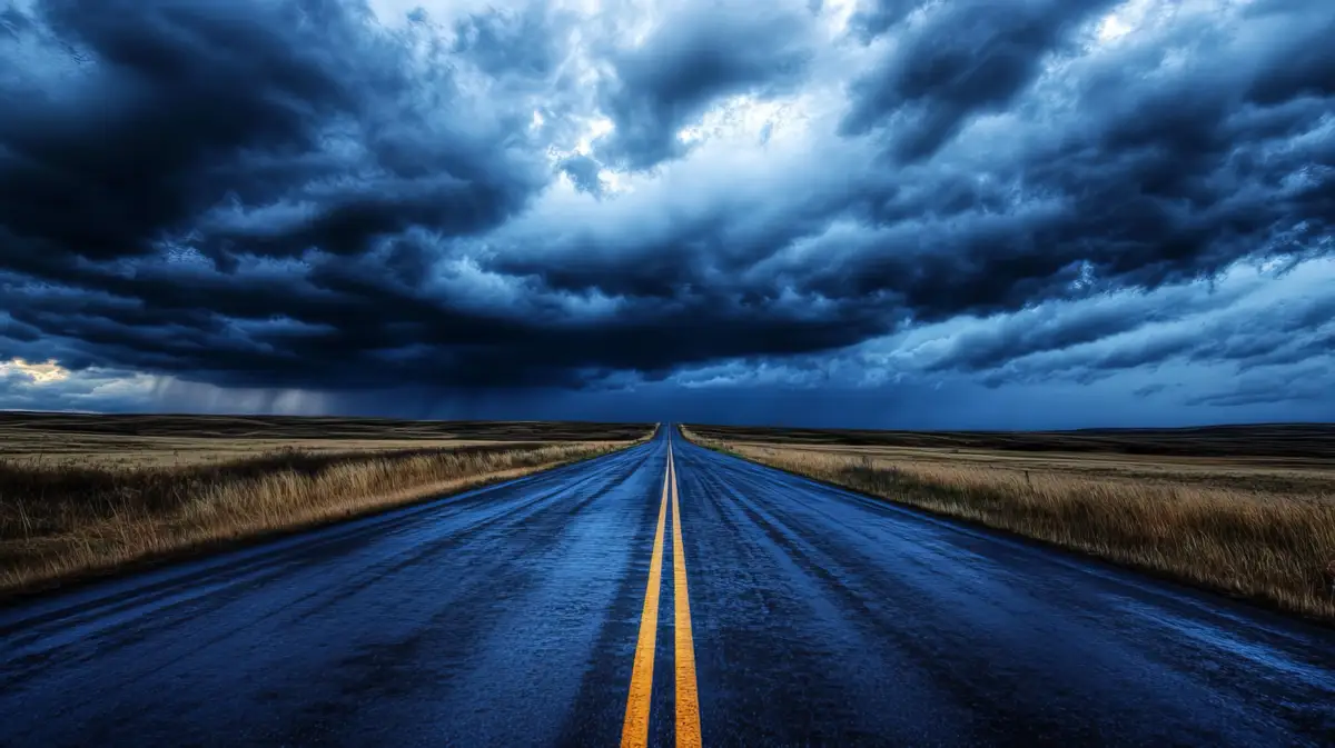 An empty road under a stormy sky, symbolizing the uncertain journey of getting off Delta 8.