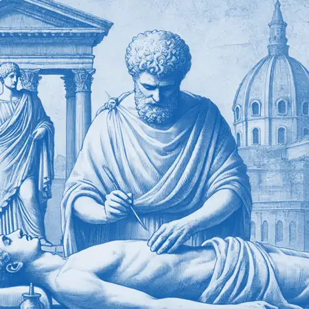 A vintage illustration of an ancient physician performing surgery, symbolizing the historical use of opiates in medicine and pain relief, as well as the origins of narcotic dependence.