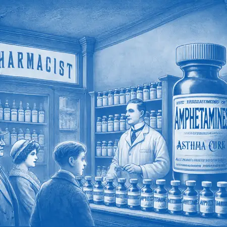A vintage illustration of a pharmacist dispensing amphetamines, symbolizing the historical use of amphetamines and the origins of stimulant abuse and addiction recovery.