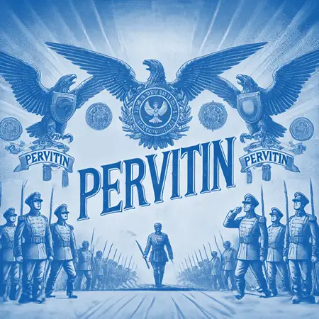 A vintage propaganda-style illustration featuring military imagery and the word "Pervitin," symbolizing the historical use of methamphetamine by the German military and its role in addiction.