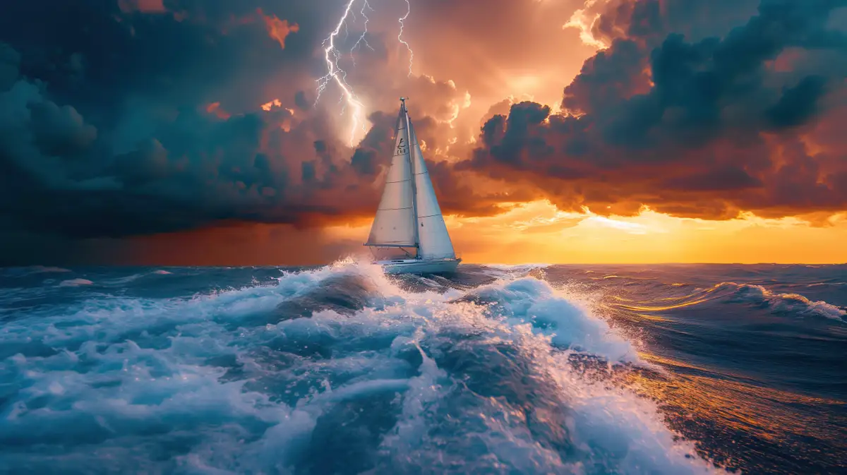 A sailboat caught in a storm with lightning, symbolizing the anxiety and challenges associated with Delta 8 use.
