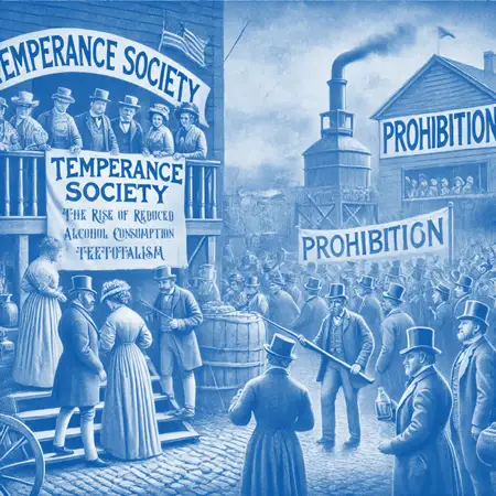 A historical depiction of the Temperance Society promoting prohibition in the 19th century, emphasizing the social movement against alcohol consumption.