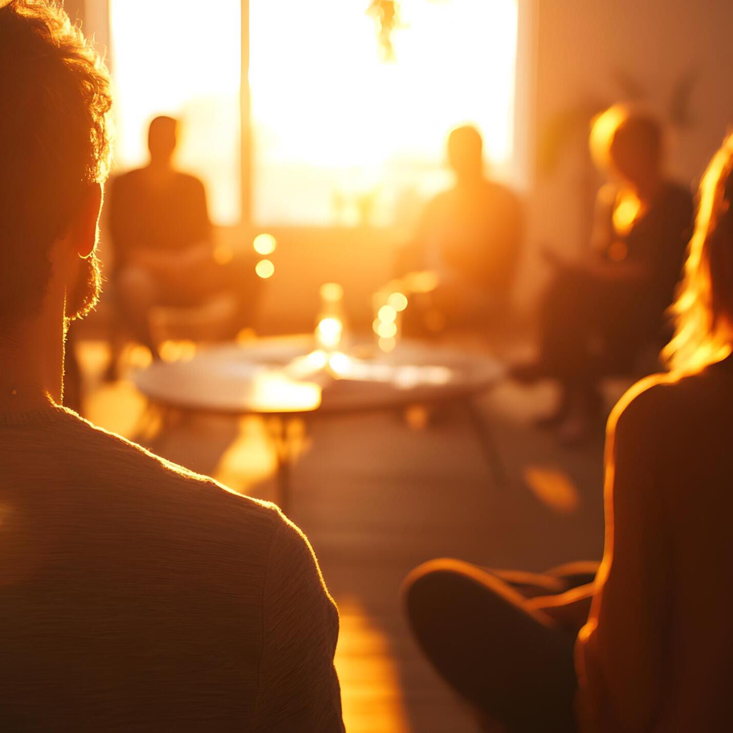 Silhouetted People Gather During Golden Sunset Light
