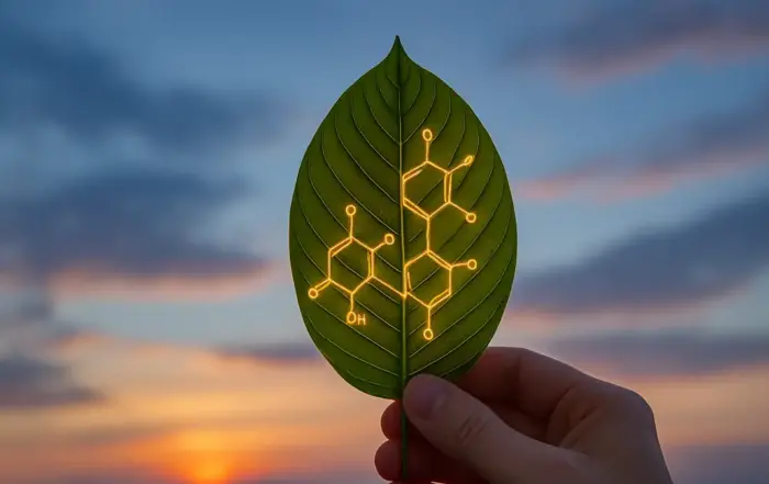 A green leaf with a chemical structure representing 7-hydroxymitragynine, an alkaloid found in kratom that exhibits opioid-like effects, held against a sunset sky.