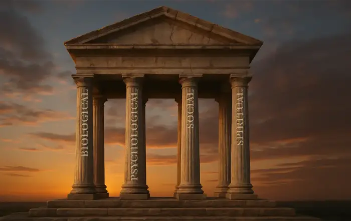 A classical temple with four pillars labeled Biological, Psychological, Social, and Spiritual, symbolizing the four dimensions of comprehensive addiction recovery.
