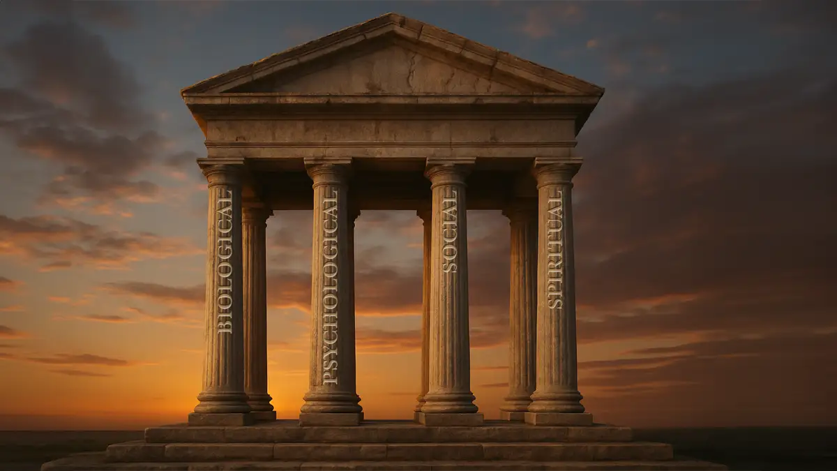 A classical temple with four pillars labeled Biological, Psychological, Social, and Spiritual, symbolizing the four dimensions of comprehensive addiction recovery.
