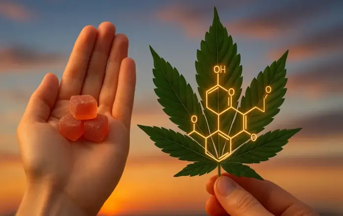 A hand holding delta 8 THC gummies alongside a cannabis leaf with a chemical structure overlay, representing the difference between delta 8 and delta 9 THC and raising questions about delta 8 safety.