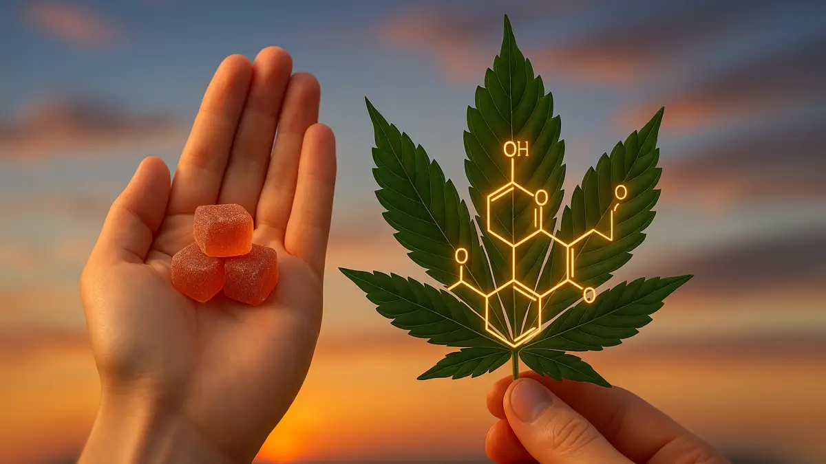 A hand holding delta 8 THC gummies alongside a cannabis leaf with a chemical structure overlay, representing the difference between delta 8 and delta 9 THC and raising questions about delta 8 safety.
