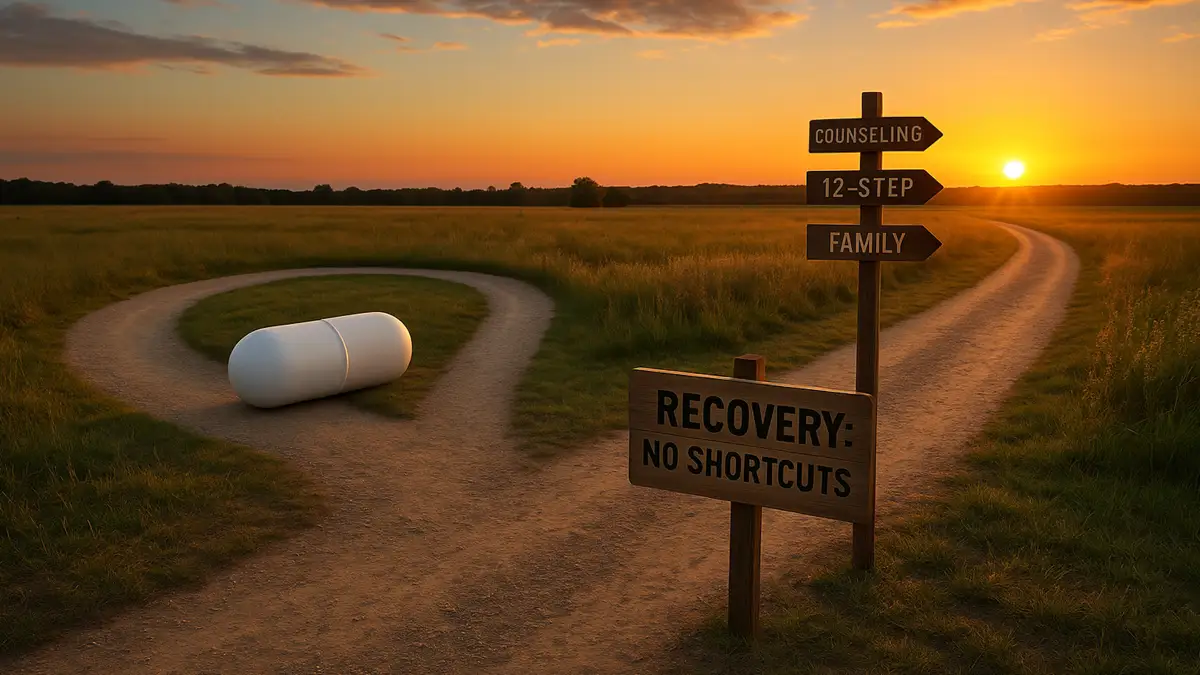 A symbolic image of a large pill lying on a shortcut path, while a longer road with signs for counseling, 12-step, and family support stretches into the sunset, emphasizing that recovery from alcohol addiction has no shortcuts.