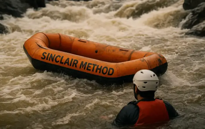 An orange inflatable raft labeled "Sinclair Method" drifts alone in turbulent whitewater rapids, symbolizing the risky nature of drinking on naltrexone.