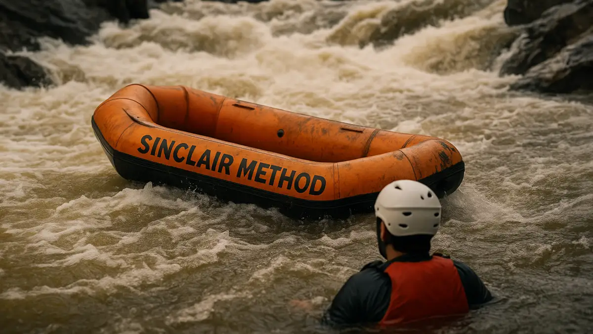 An orange inflatable raft labeled "Sinclair Method" drifts alone in turbulent whitewater rapids, symbolizing the risky nature of drinking on naltrexone.