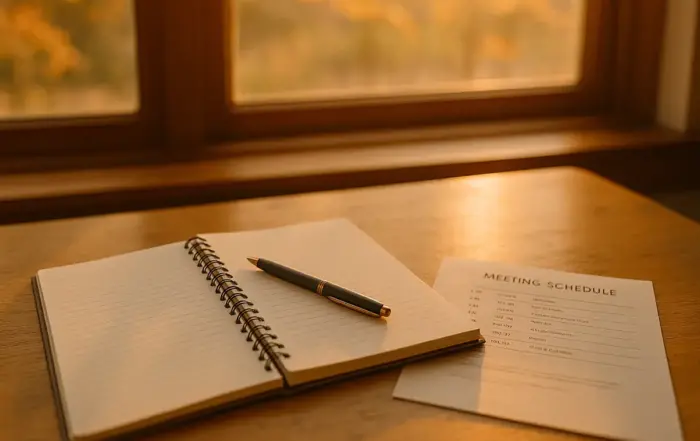 Notebook and meeting schedule on desk, symbolizing critique of naltrexone and the Sinclair Method in favor of AA for long-term sobriety.