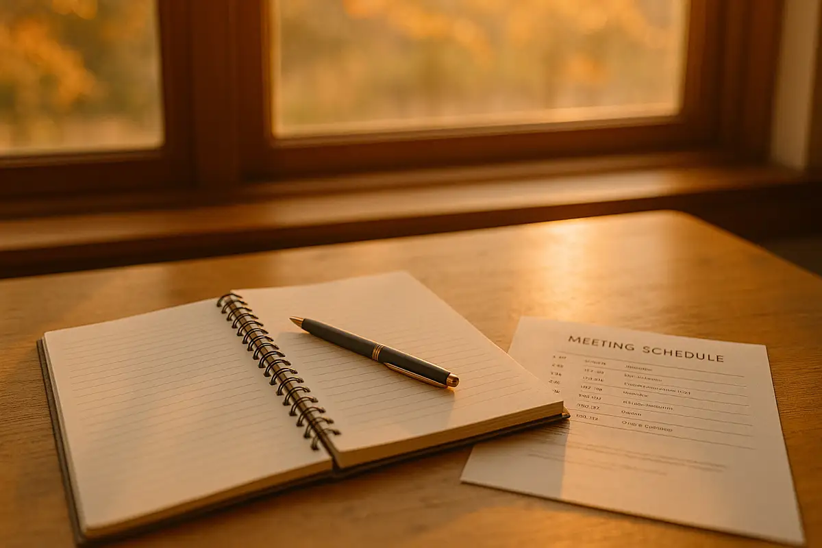 Notebook and meeting schedule on desk, symbolizing critique of naltrexone and the Sinclair Method in favor of AA for long-term sobriety.