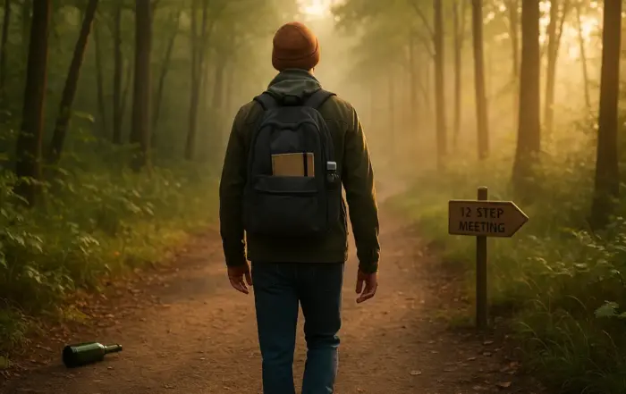Man walking toward a 12-step meeting sign in a forest, leaving an empty bottle behind, symbolizing choosing sobriety over naltrexone and the Sinclair Method.