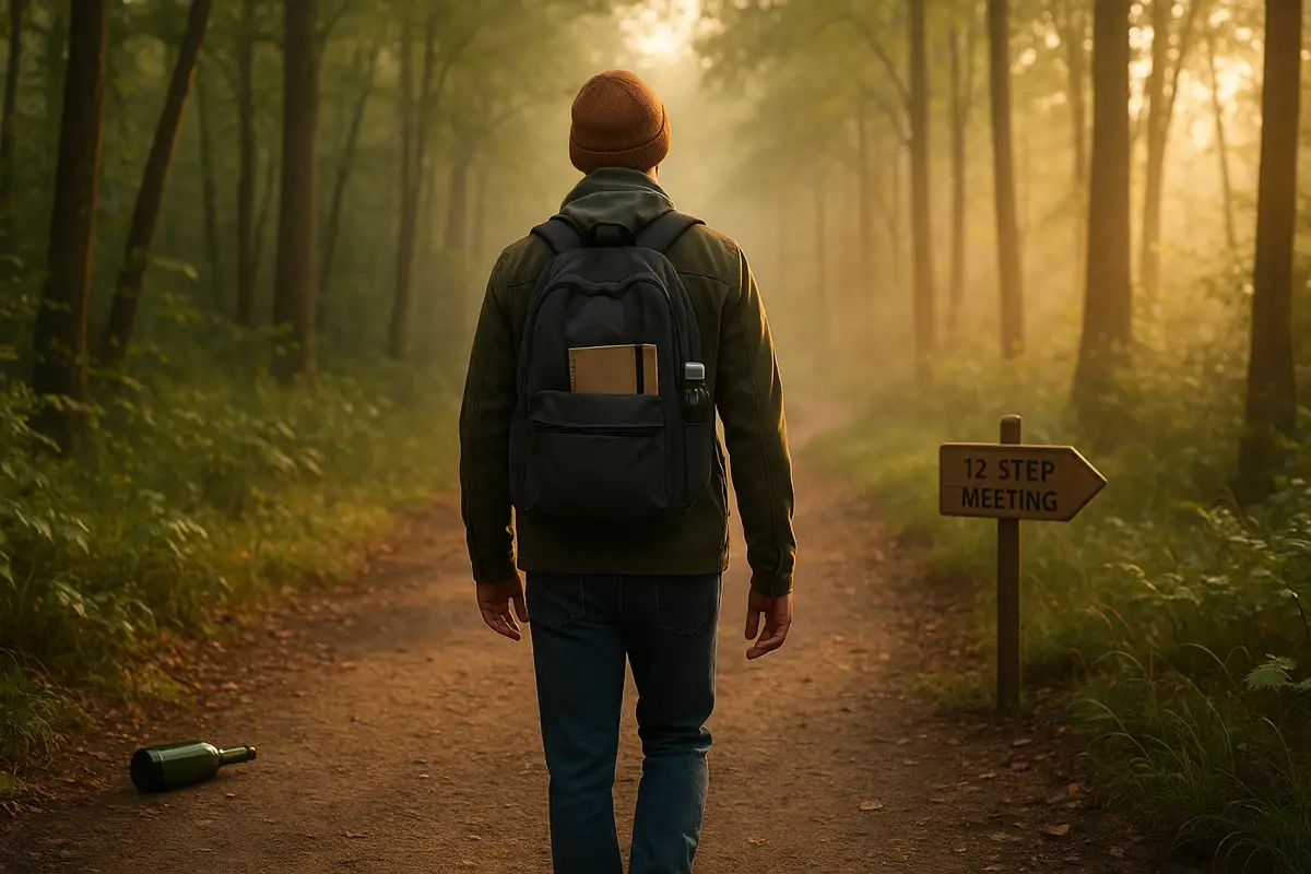Man walking toward a 12-step meeting sign in a forest, leaving an empty bottle behind, symbolizing choosing sobriety over naltrexone and the Sinclair Method.